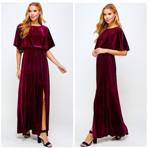 Penna&Pine Dresses & Skirts - Burgundy Velvet Caped Flutter Sleeve Formal Maxi Dress